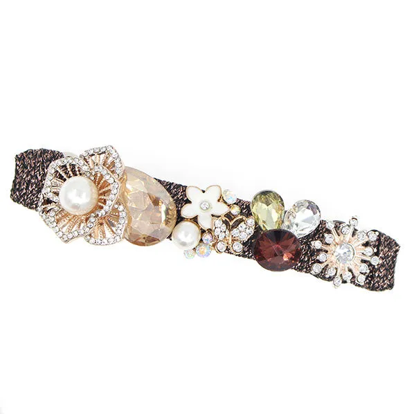 Floral Hair Barrette w/ Rhinestones & Pearls