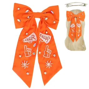 Game Day Cheer Embroidered Bow Barrette Hair Clip : Orange White