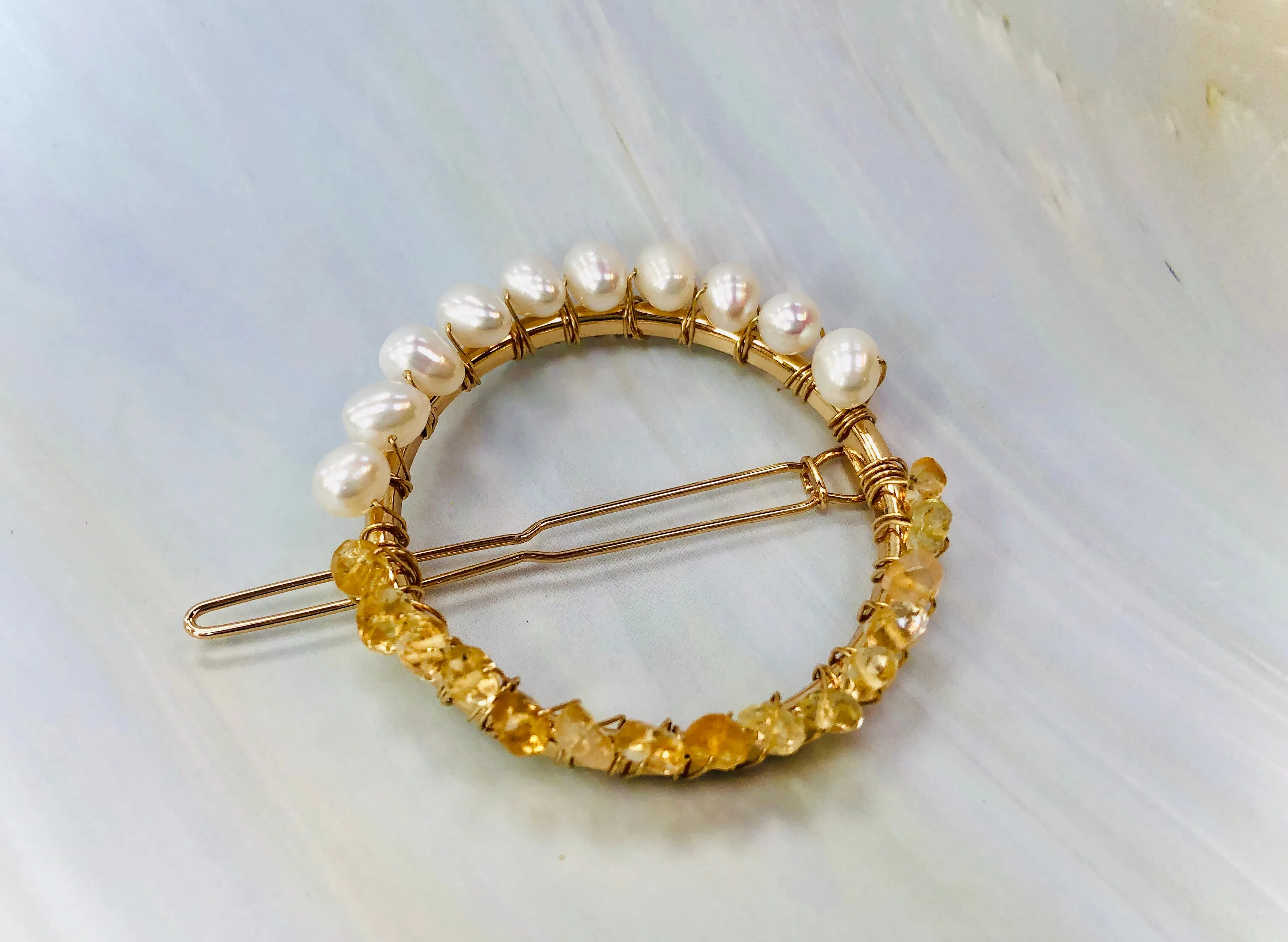 Gemstone and Pearl Hair Clip, 14k Gold Citrine and Pearl barrette, Gold Luxury Barrette, Gemstone Hair clip