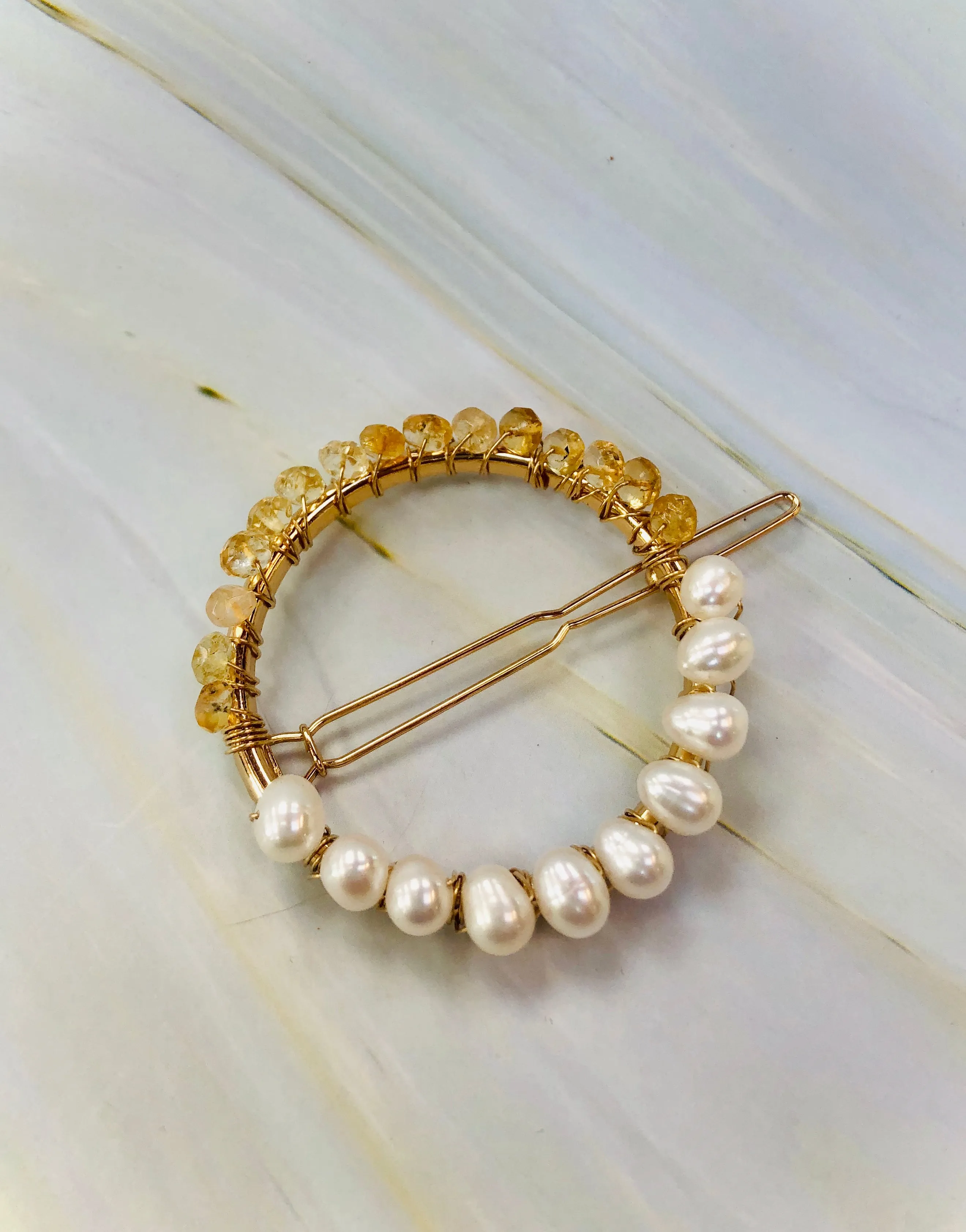 Gemstone and Pearl Hair Clip, 14k Gold Citrine and Pearl barrette, Gold Luxury Barrette, Gemstone Hair clip