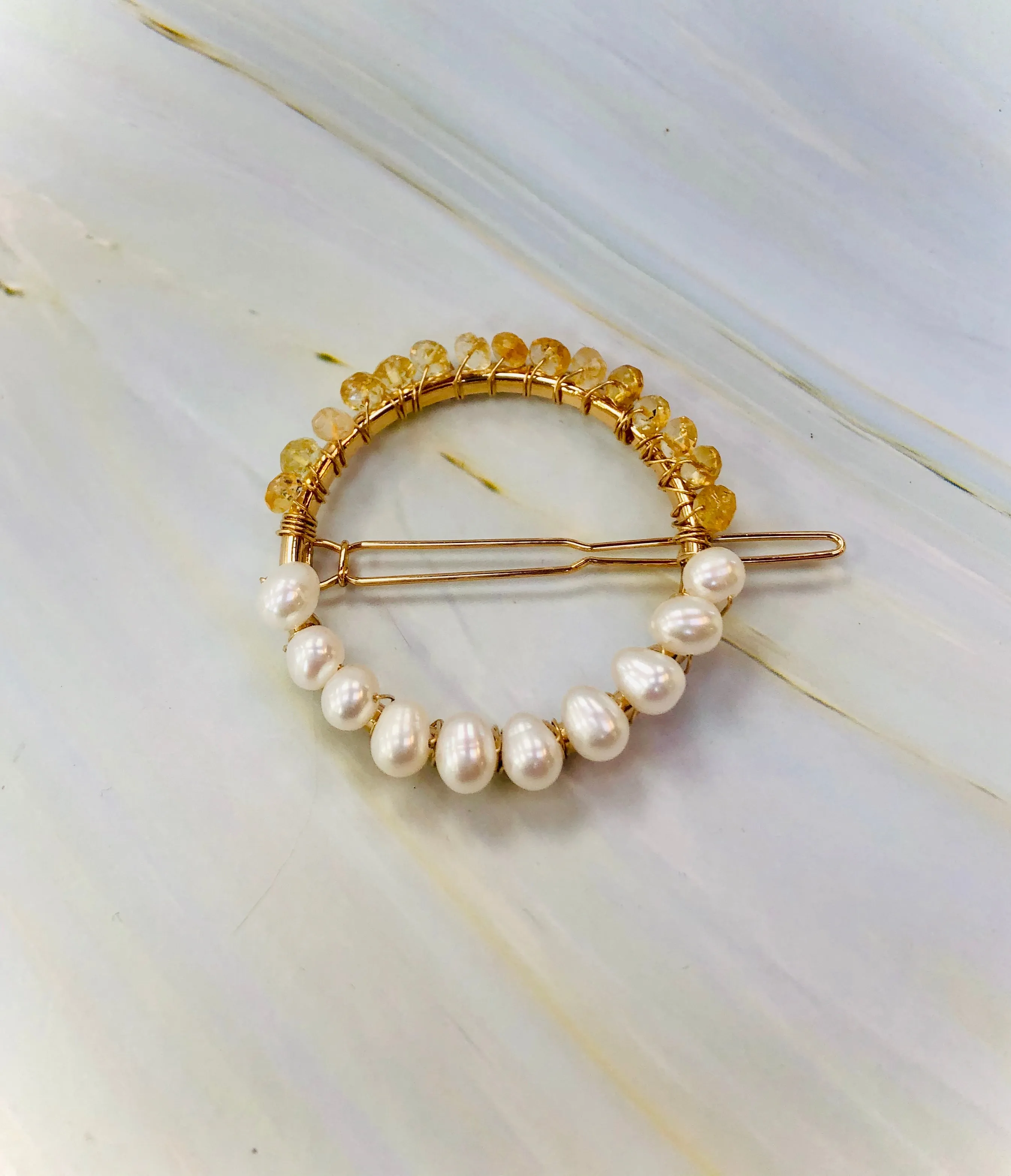 Gemstone and Pearl Hair Clip, 14k Gold Citrine and Pearl barrette, Gold Luxury Barrette, Gemstone Hair clip