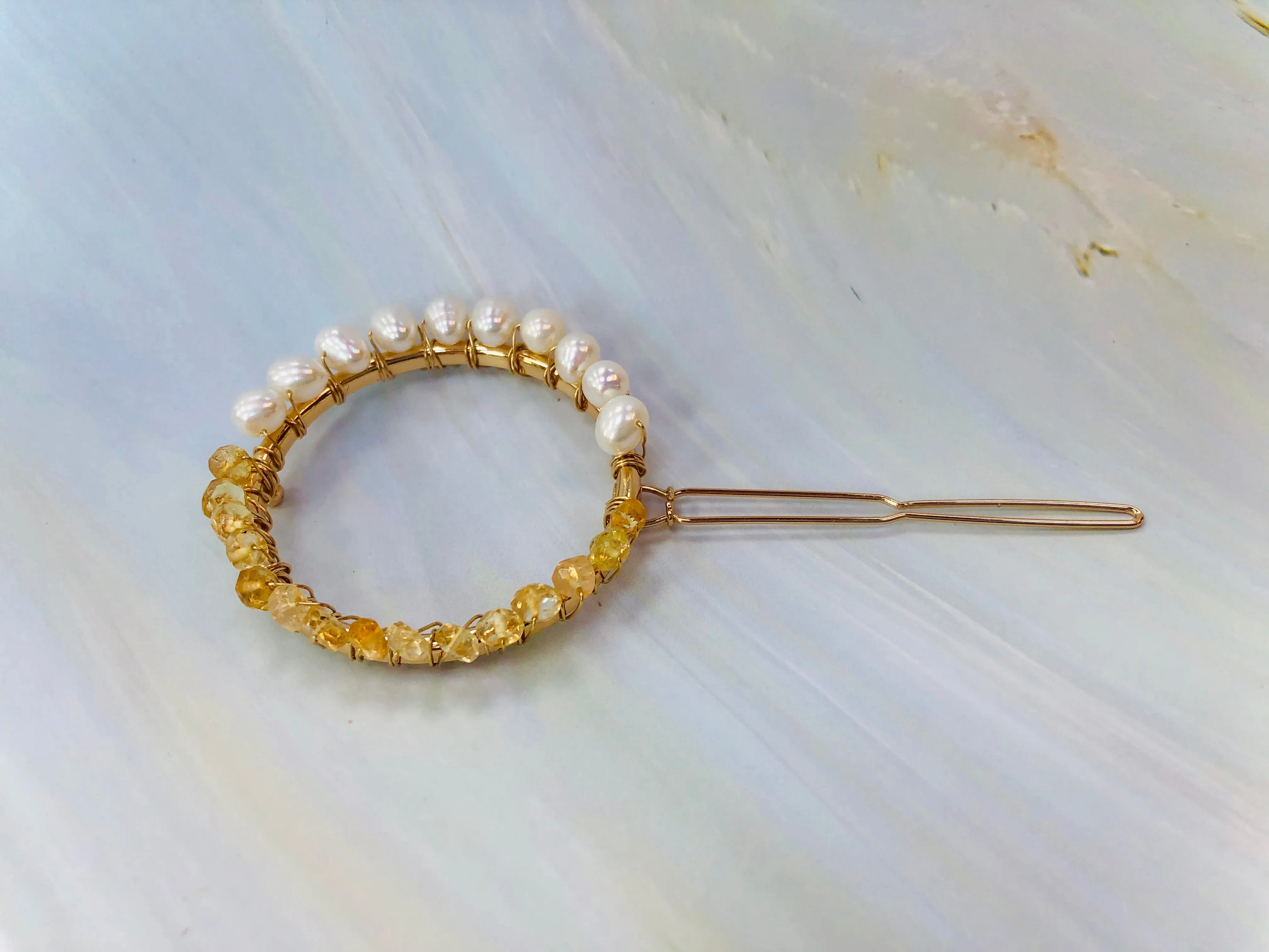 Gemstone and Pearl Hair Clip, 14k Gold Citrine and Pearl barrette, Gold Luxury Barrette, Gemstone Hair clip