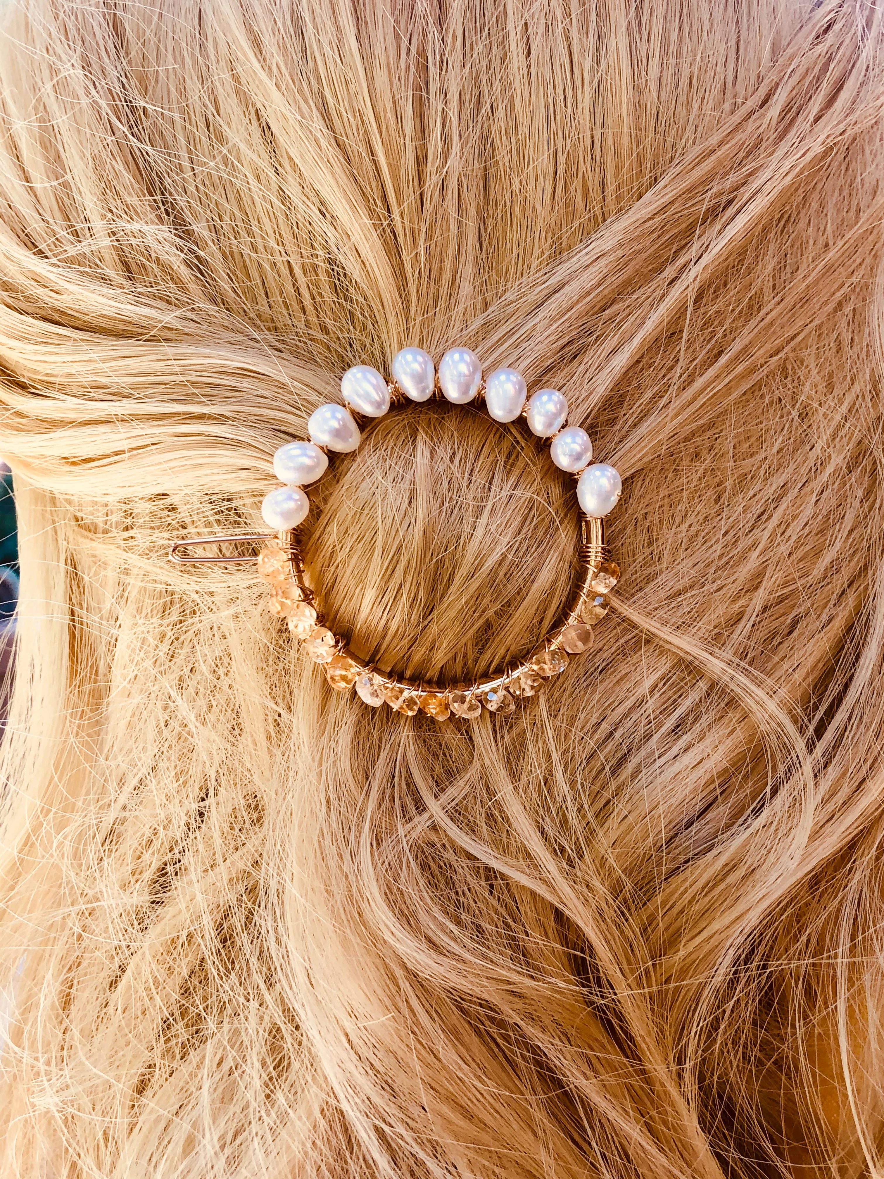 Gemstone and Pearl Hair Clip, 14k Gold Citrine and Pearl barrette, Gold Luxury Barrette, Gemstone Hair clip