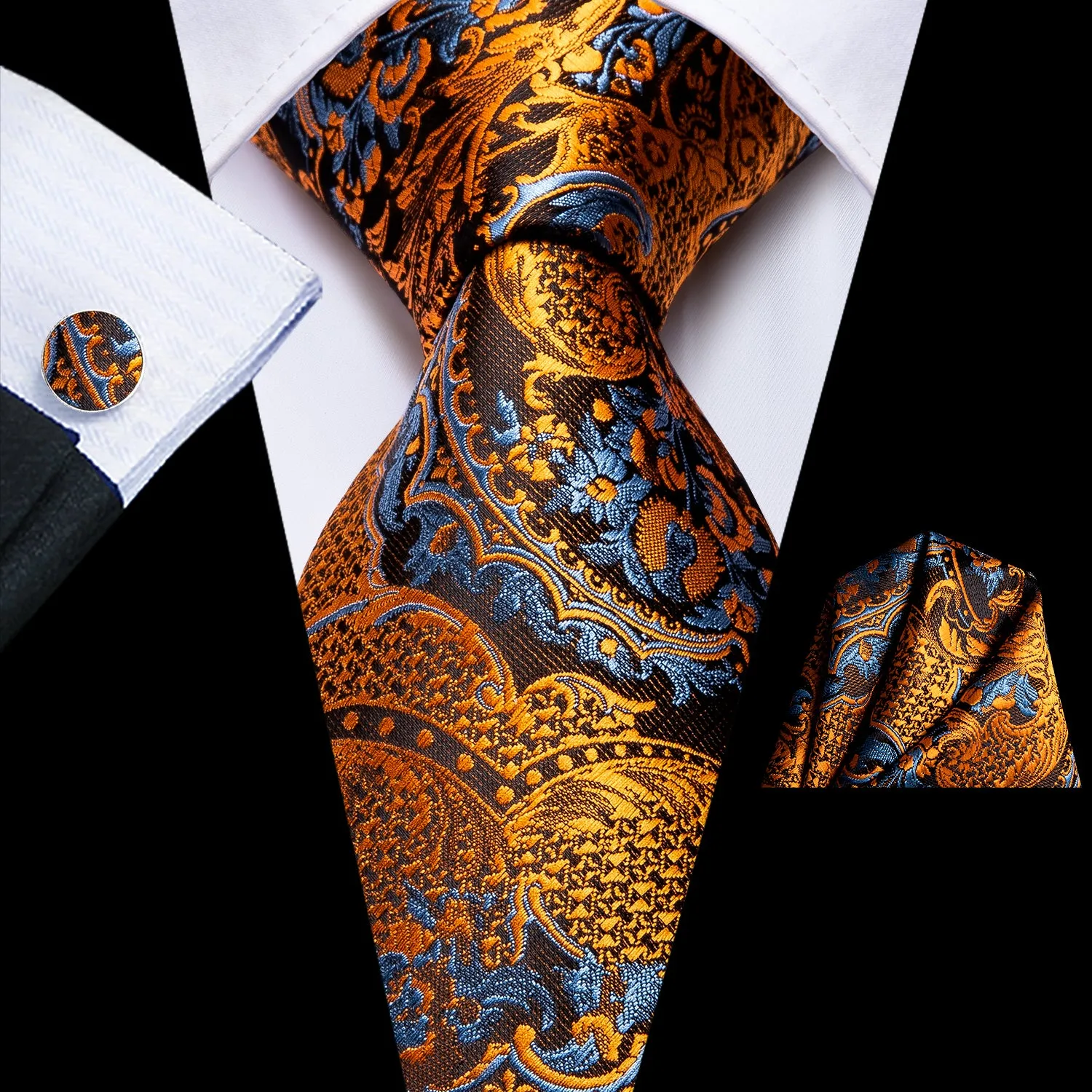 Gold Brown Paisley Tie Handkerchief Cufflinks Set with Wedding Brooch