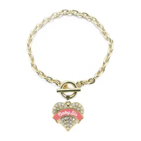 Gold Coral Baby Sister Pave Heart Charm Toggle Bracelet