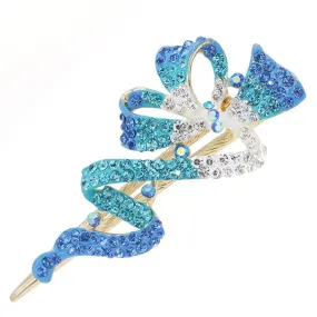 Gold Finish Blue Rhinestone Ribbon Hinged Hair Claw Clip