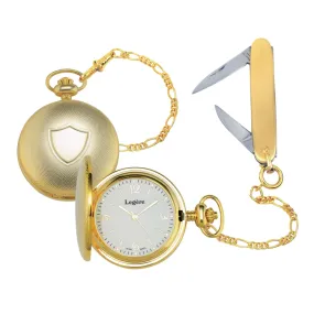 Gold Finish Large Pocket Watch Shield Ctr Knife & Chain Set