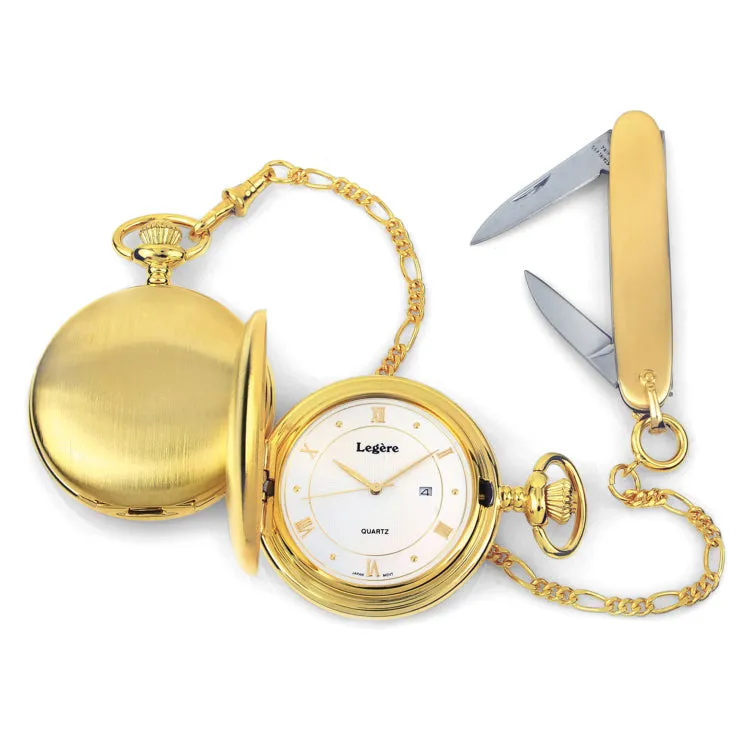 Gold finish Large Pocket Watch W/White Dial Knife & Chain Set