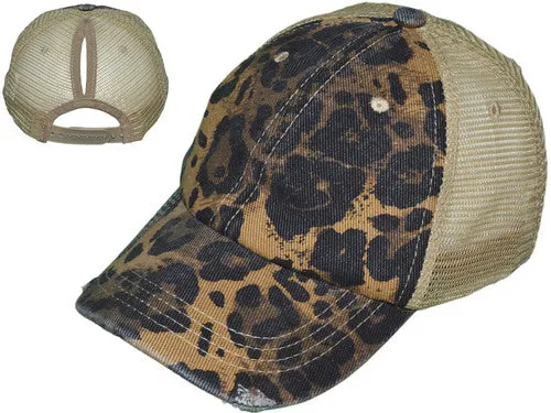 GOLD LEOPARD PONYTAIL TRUCKER HATS - SOFT UNSTRUCTURED