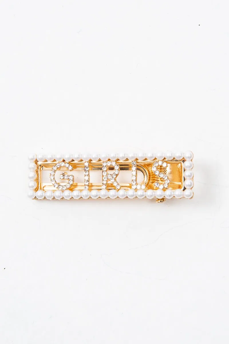 Gold Pearl Detail Girls Slogan Crocodile Barrette - Krissy