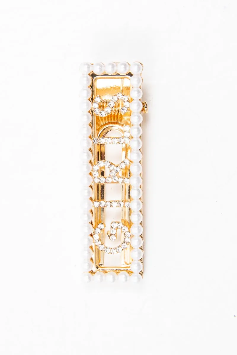 Gold Pearl Detail Girls Slogan Crocodile Barrette - Krissy