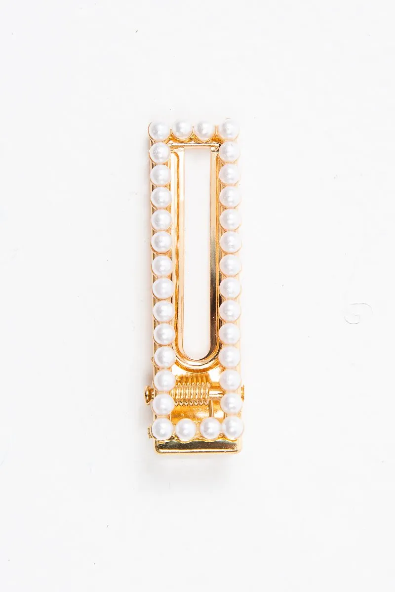 Gold Pearl Detail Rectangle Crocodile Barrette - Evelena