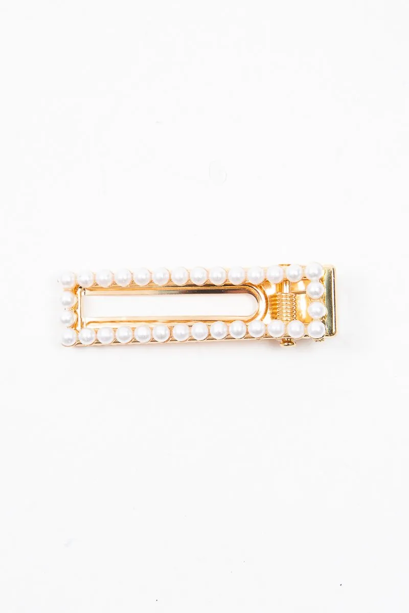 Gold Pearl Detail Rectangle Crocodile Barrette - Evelena