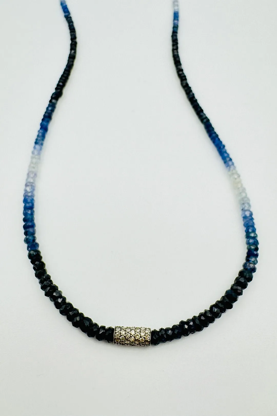 GRADIENT BLUE SAPPHIRE NECKLACE WITH DIAMOND TUBE BEAD