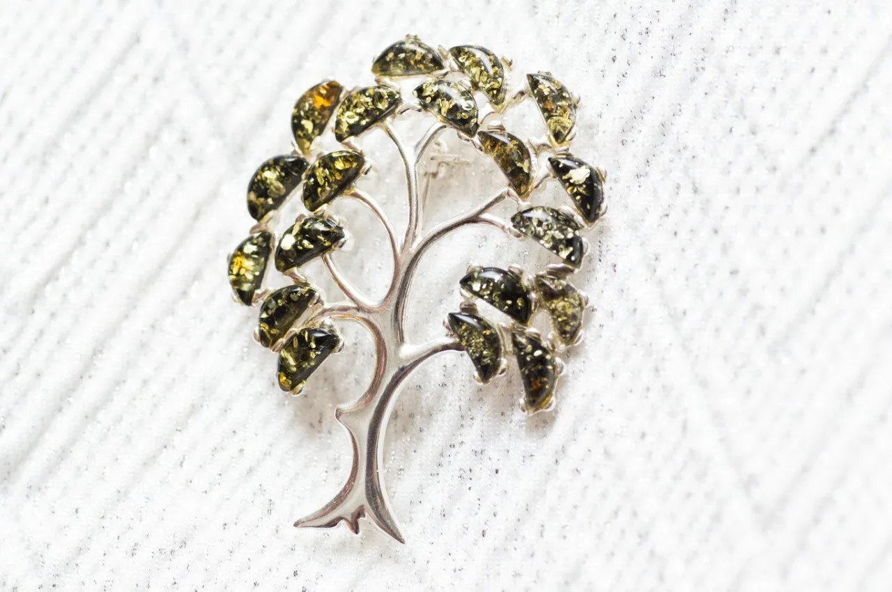 Green Amber Tree of Life Brooch