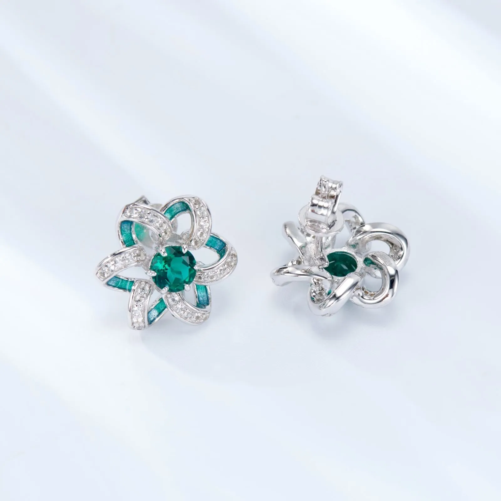 Green Topaz Enamel Flower Stud Earrings