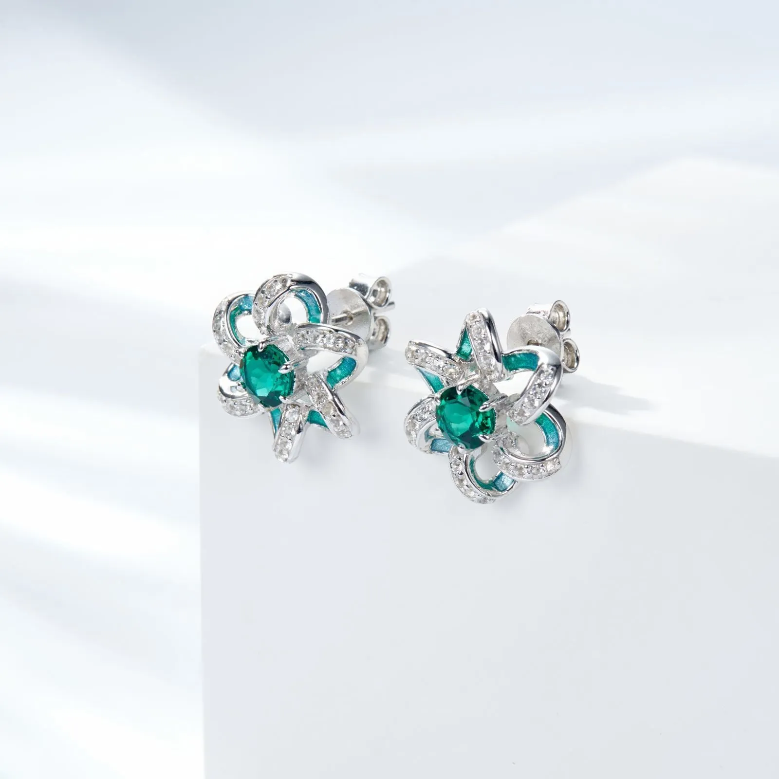 Green Topaz Enamel Flower Stud Earrings