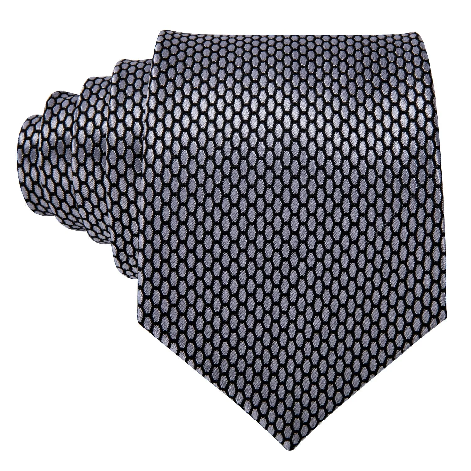 Grey Geometric Plaid Tie Handkerchief Cufflinks Set with Wedding Brooch