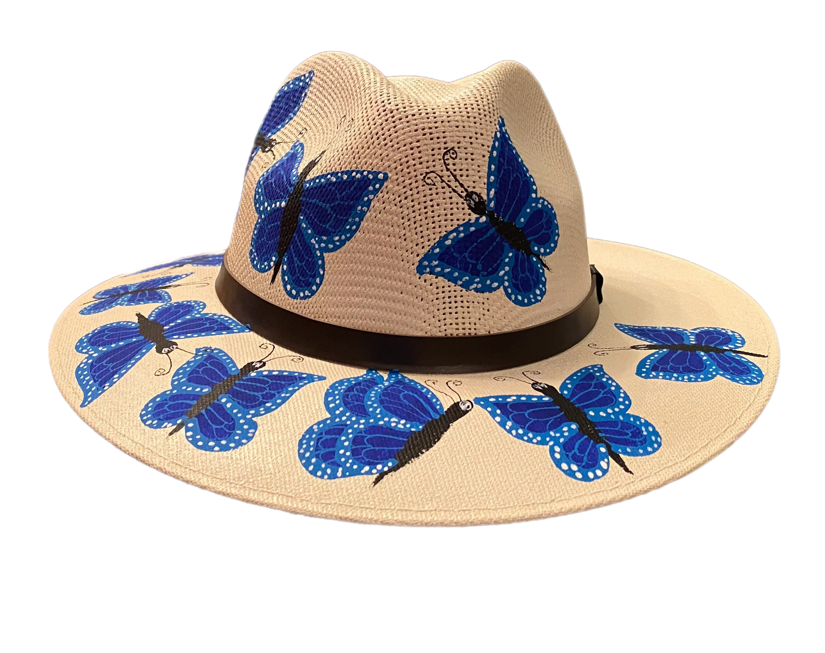 Hand-painted Hat from Mexico - Butterflies - White, Blue, Black