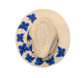 Hand-painted Hat from Mexico - Butterflies - White, Blue, Black