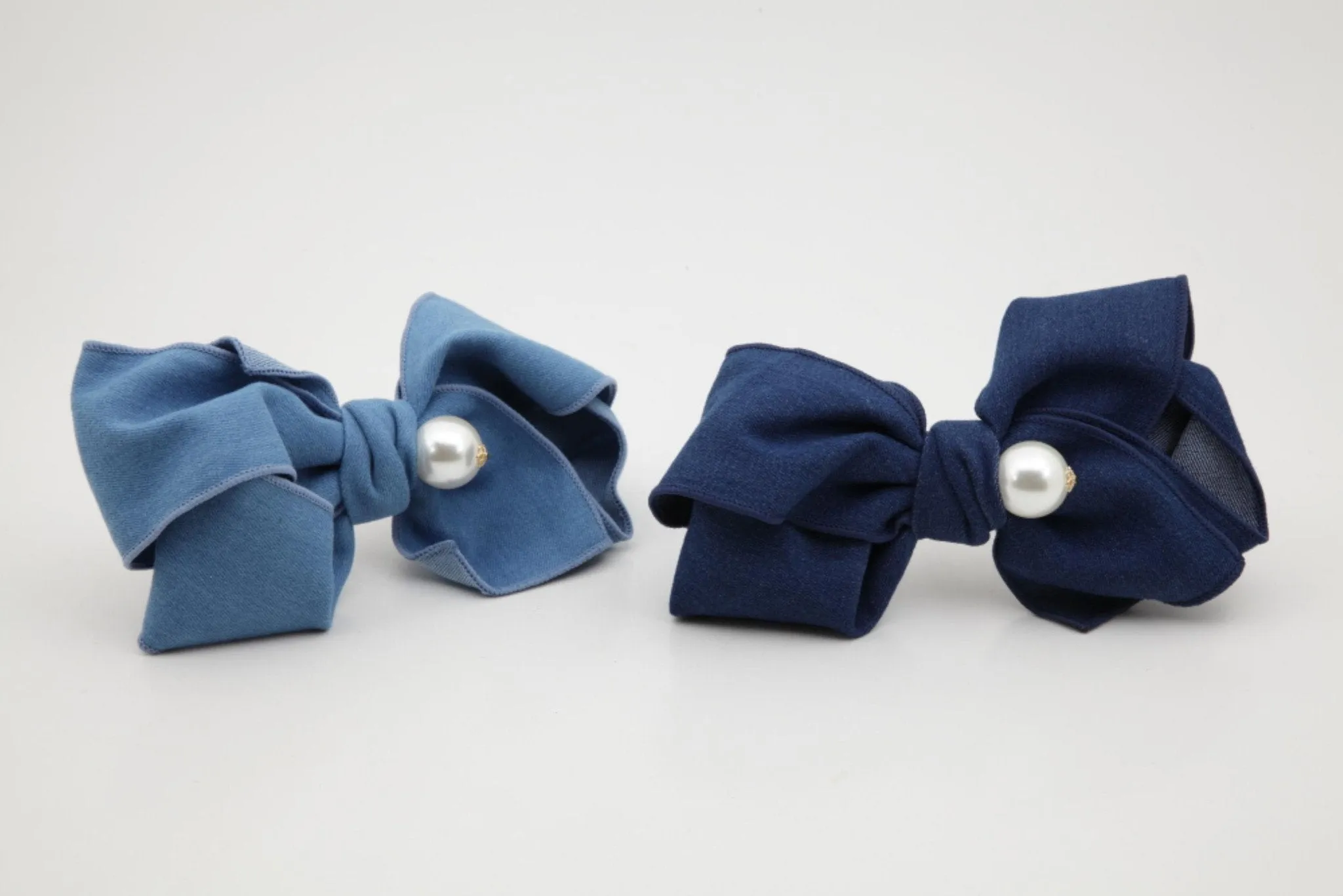 Handmade Cotton Denim Bow Big Sleek Pearl Ball Bow French Hair Barrettes