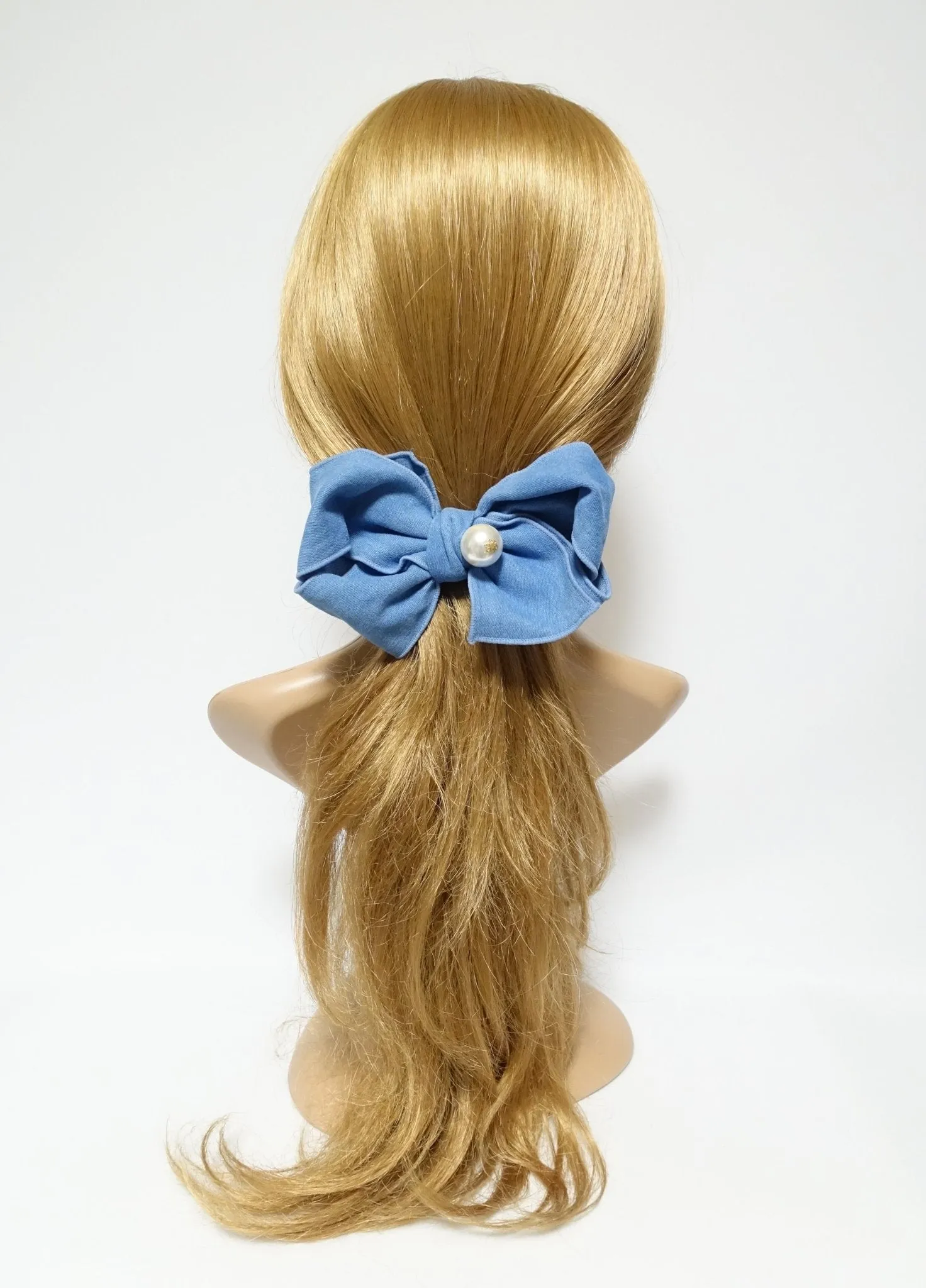 Handmade Cotton Denim Bow Big Sleek Pearl Ball Bow French Hair Barrettes