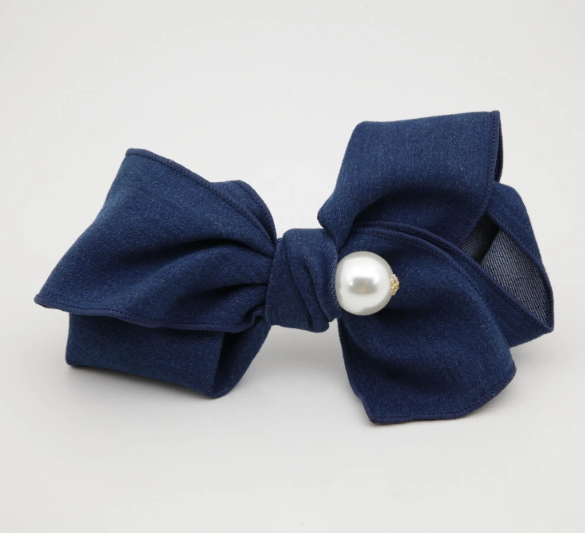 Handmade Cotton Denim Bow Big Sleek Pearl Ball Bow French Hair Barrettes