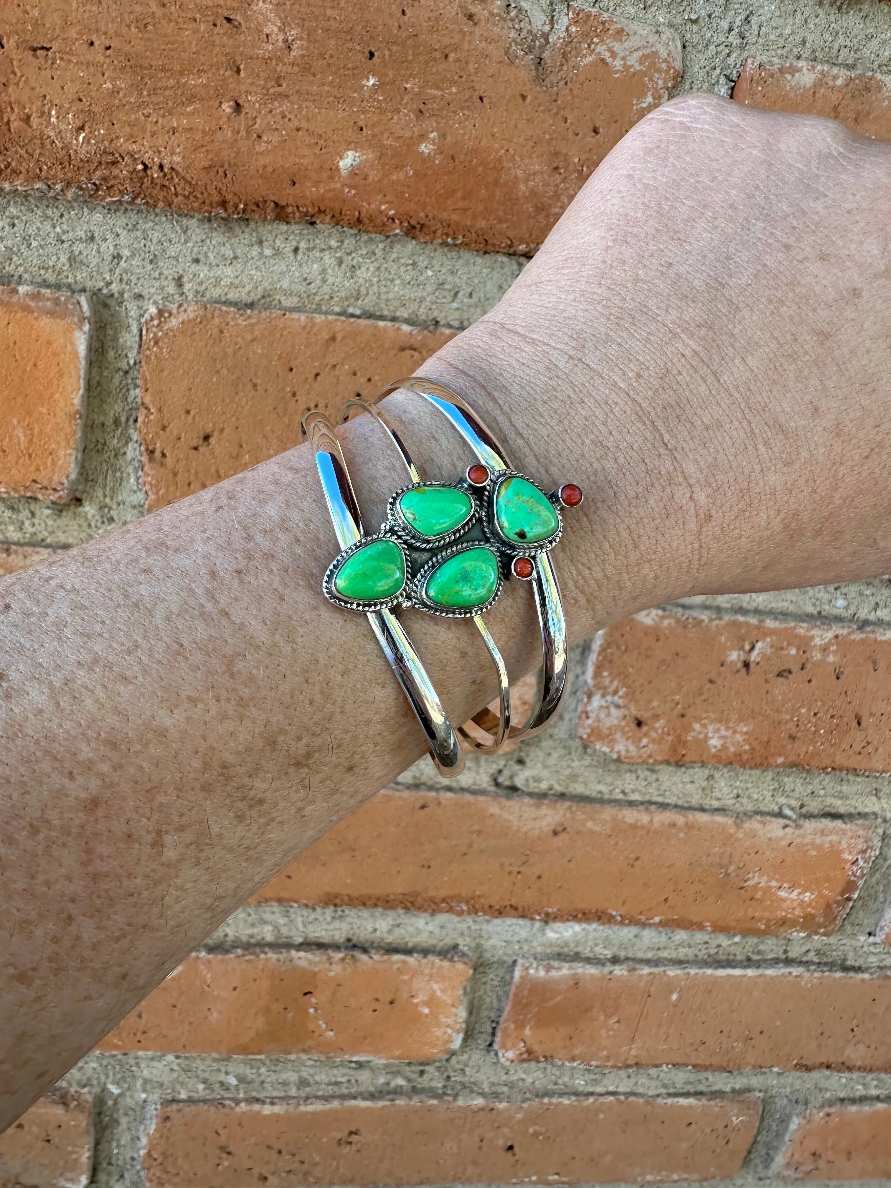 Handmade Sterling Silver, Coral & Dyed Kingman Turquoise Cactus Adjustable Cuff Bracelet