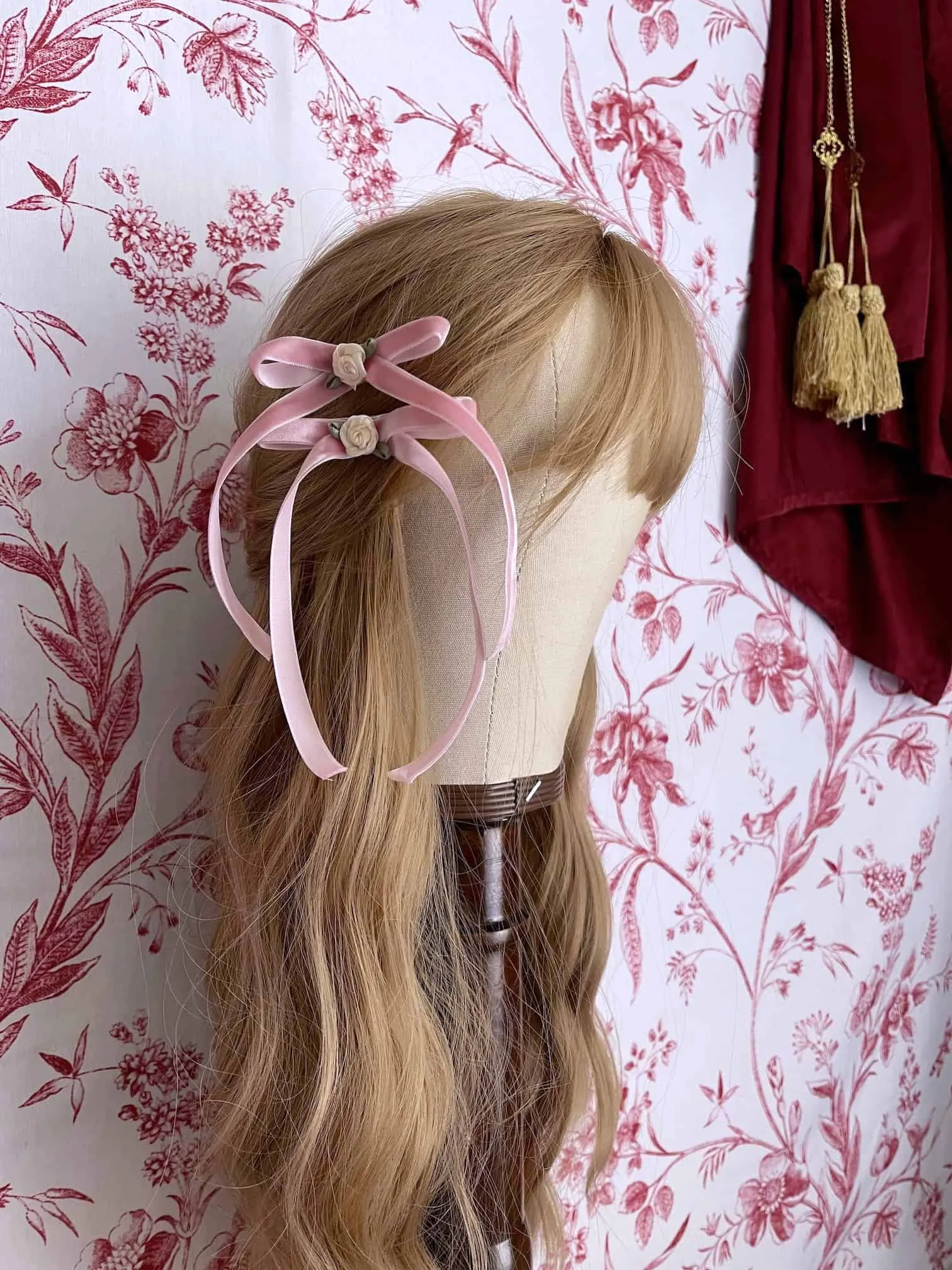 Handmade Velvet Ribbon Bow Rosette Hair Clips in Ballerina Pink