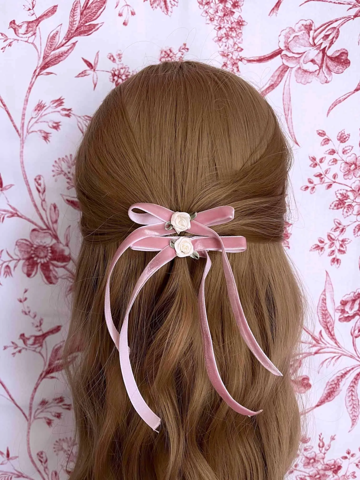 Handmade Velvet Ribbon Bow Rosette Hair Clips in Ballerina Pink