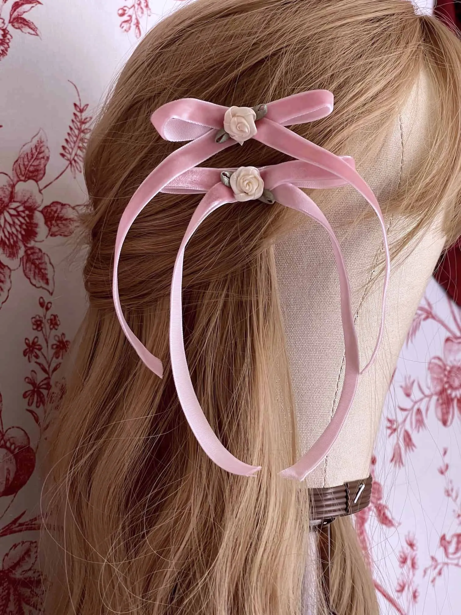 Handmade Velvet Ribbon Bow Rosette Hair Clips in Ballerina Pink