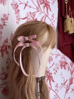 Handmade Velvet Ribbon Bow Rosette Hair Clips in Ballerina Pink