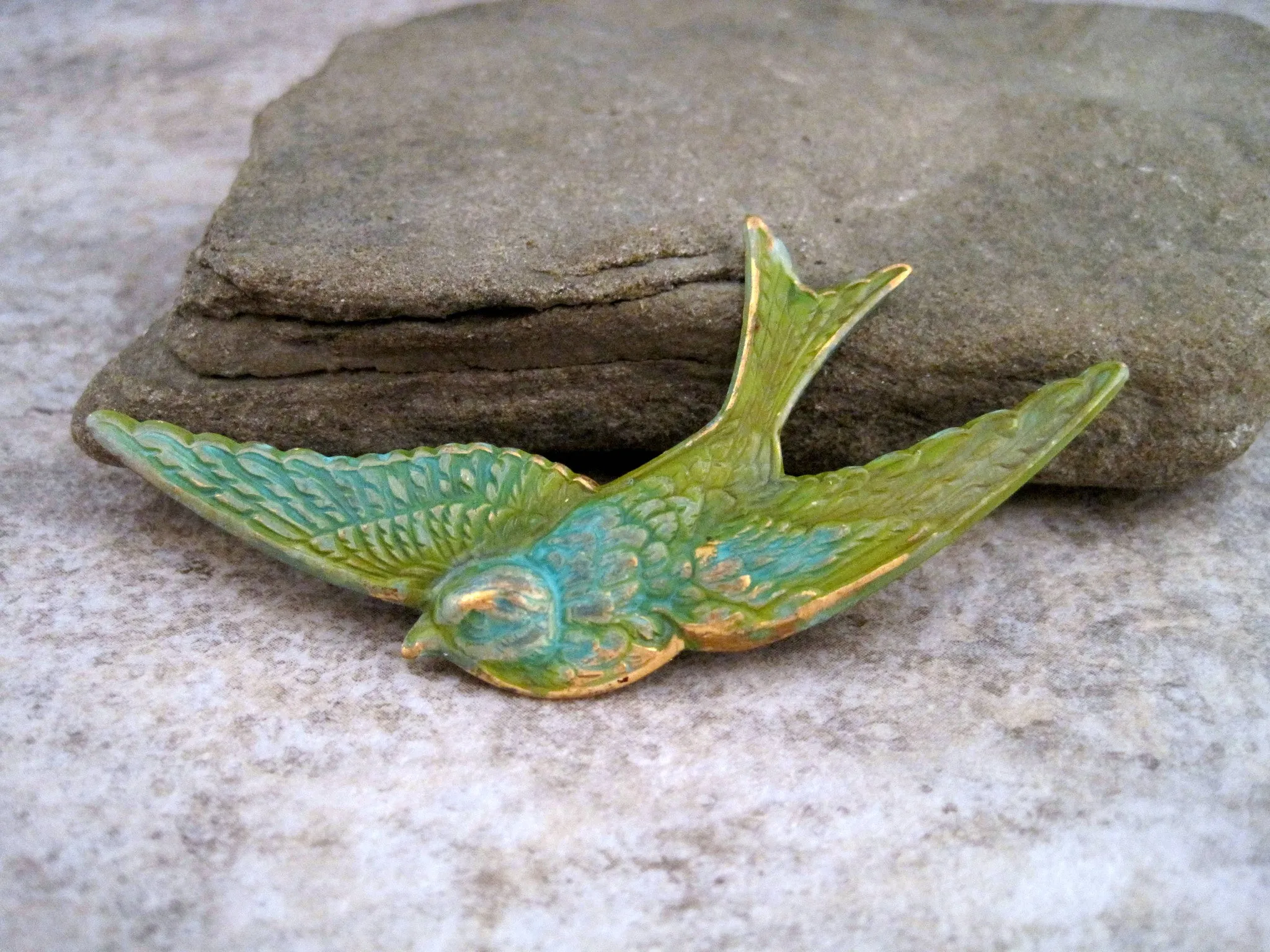 Handmade Verdigris Patina Bird In Flight Brooch