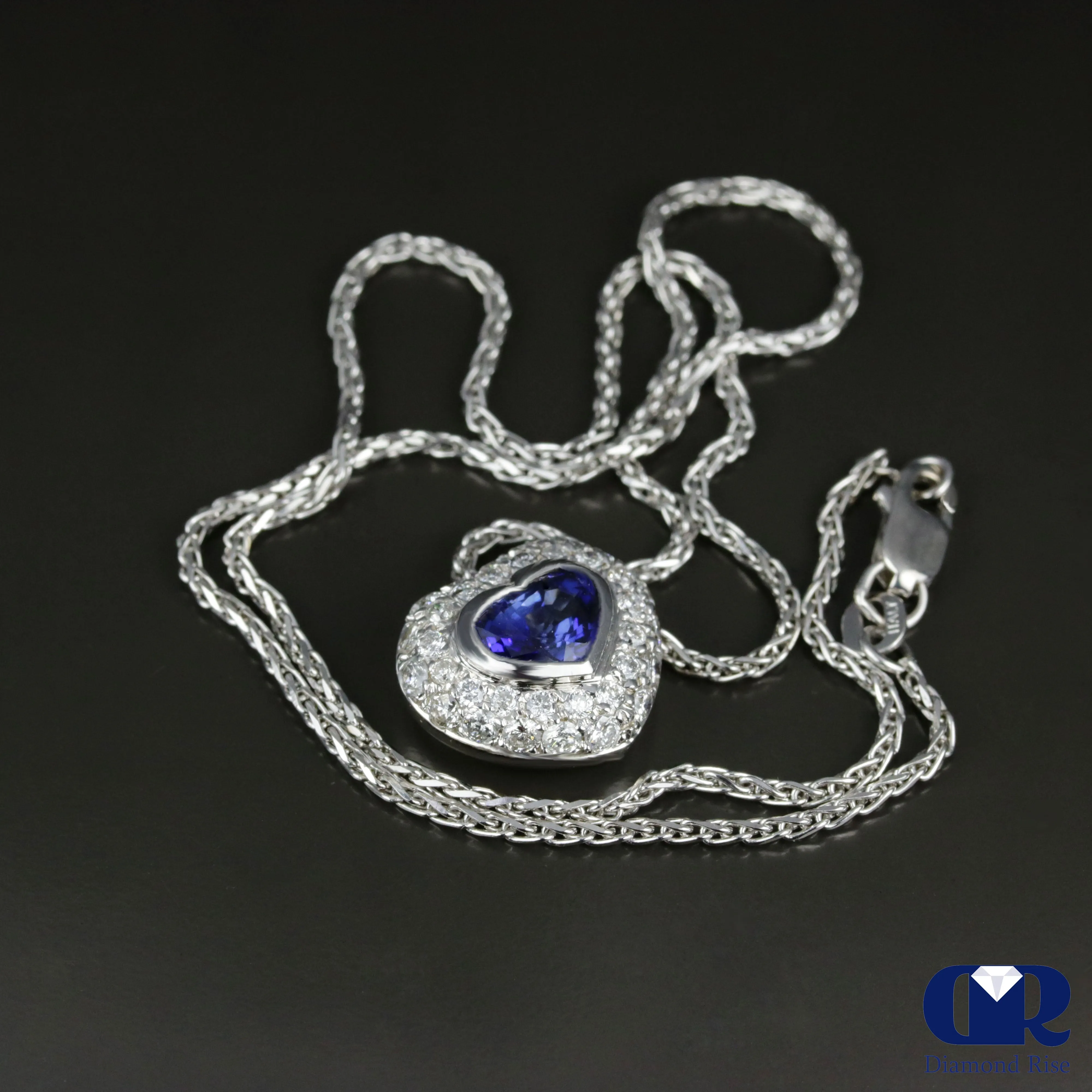 Heart Shaped Sapphire & Diamond Pendant Necklace In 14K White Gold