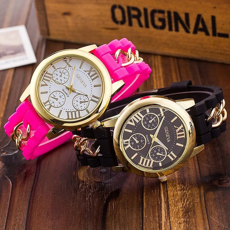 Hot Fashion Silicone Geneva Watches Fashion Women Chain Watch Ladies Dress Wrist Watches Relogio Feminino