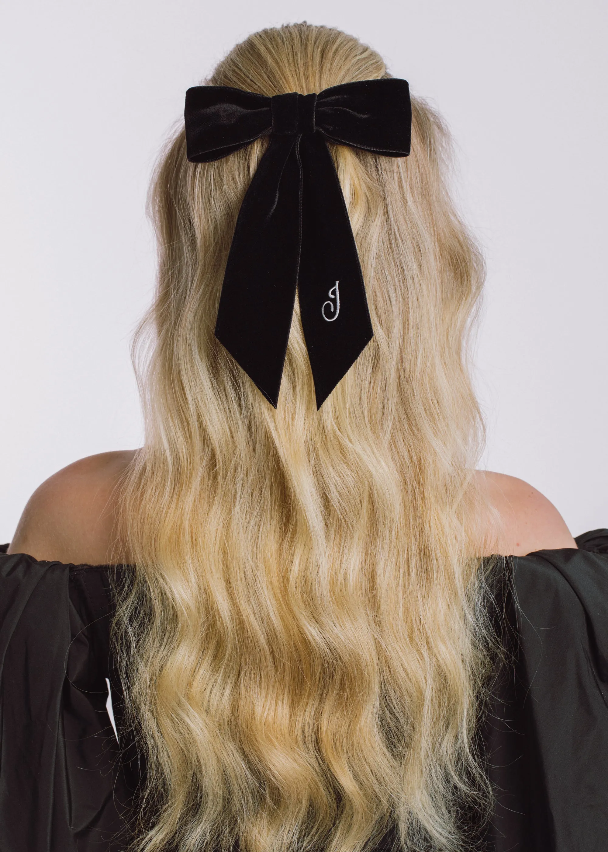 Initial Wide Velvet Bow Barrette -- Black