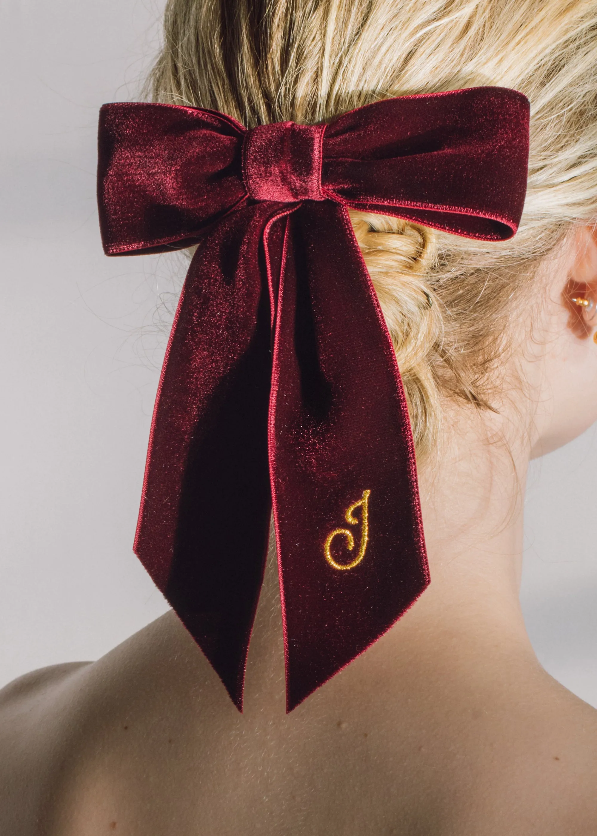 Initial Wide Velvet Bow Barrette -- Pinot