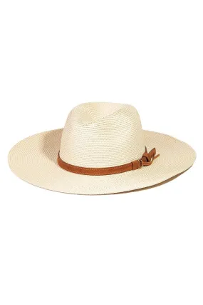 Ivory Wide Brim Straw Fedora Hat with Brown Belt