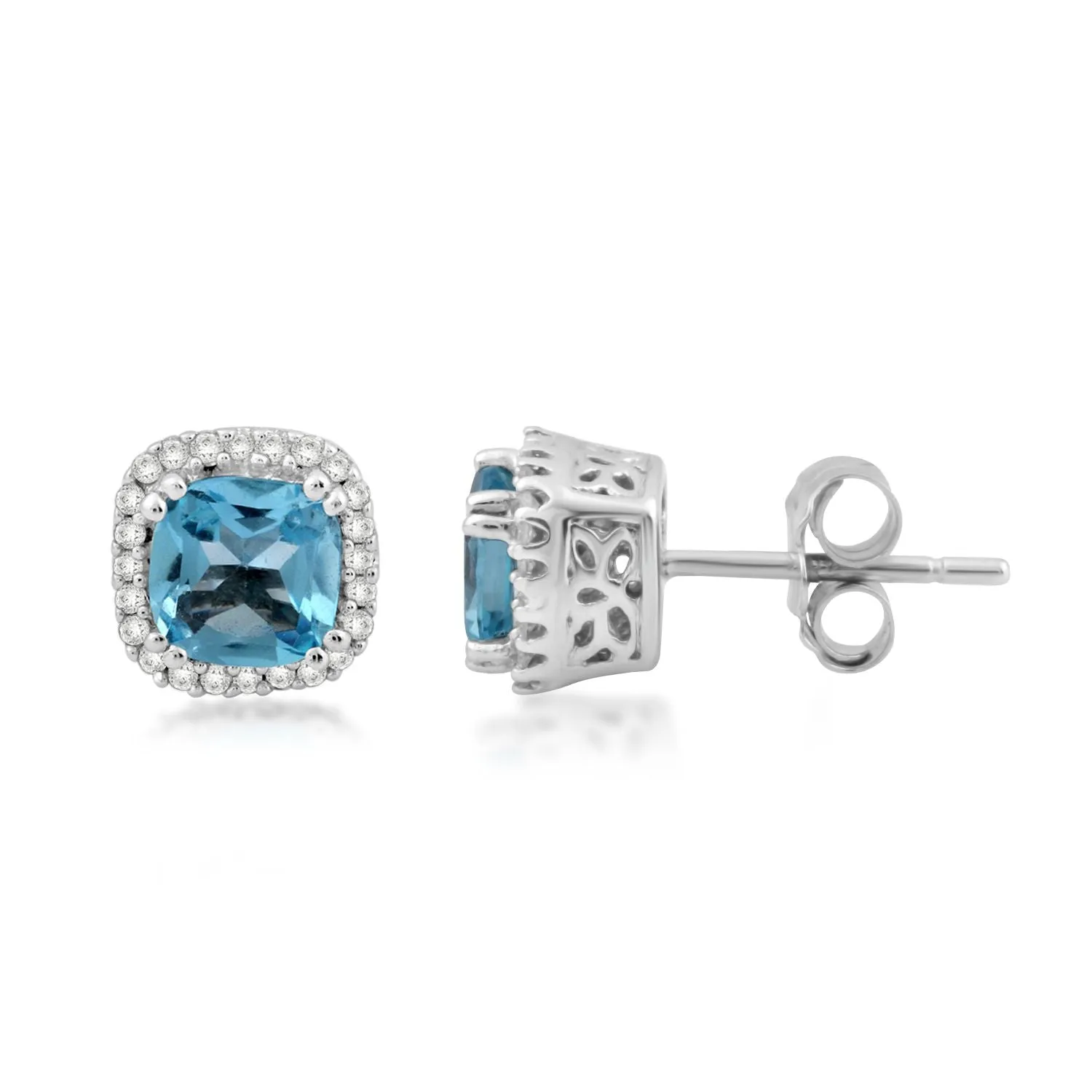 Jewelili 10K White Gold With Cushion Cut Natural Swiss Blue Topaz and 1/10 CTTW Round Natural White Diamonds Halo Stud Earrings