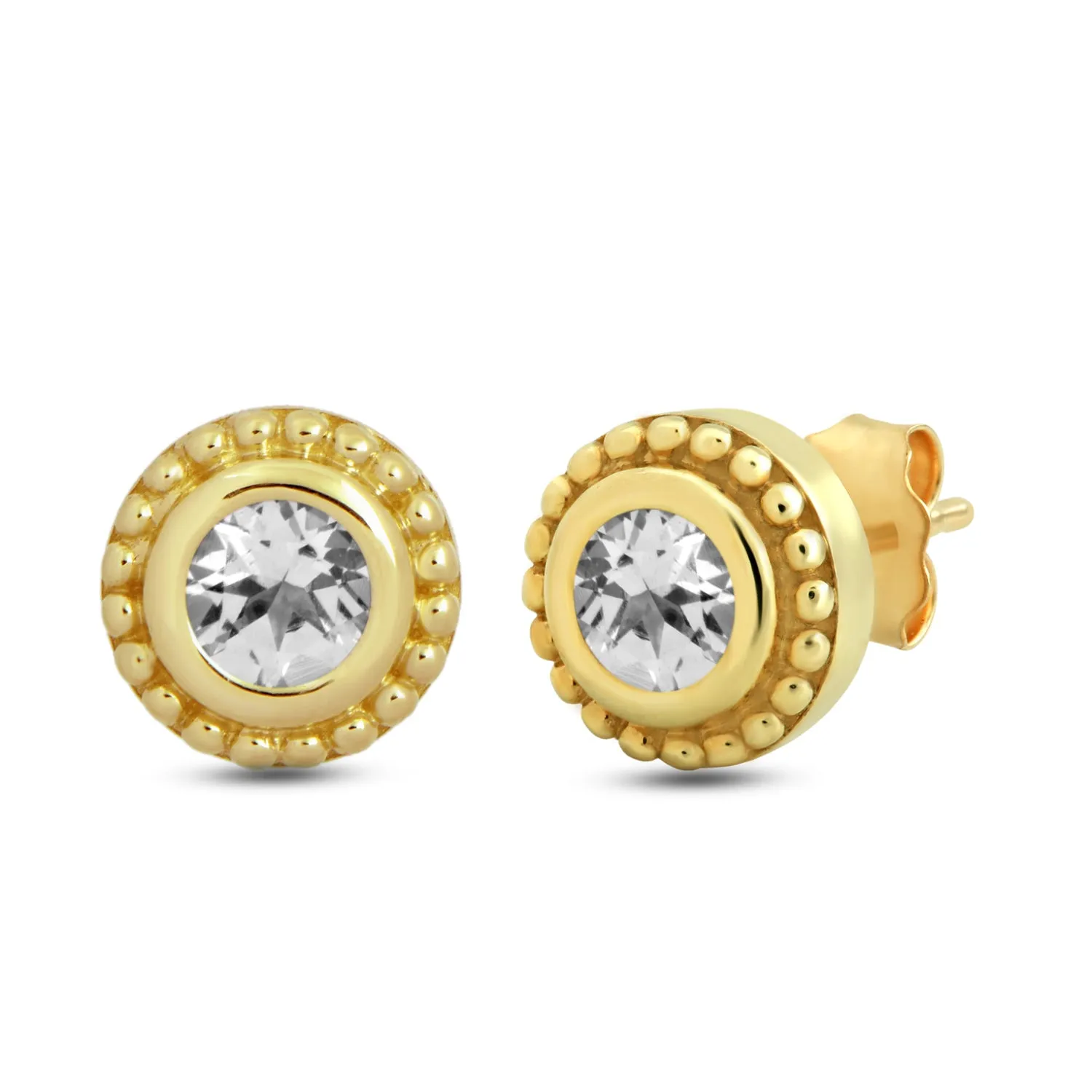 Jewelili 10K Yellow Gold with Natural White Round Topaz Stud Earrings