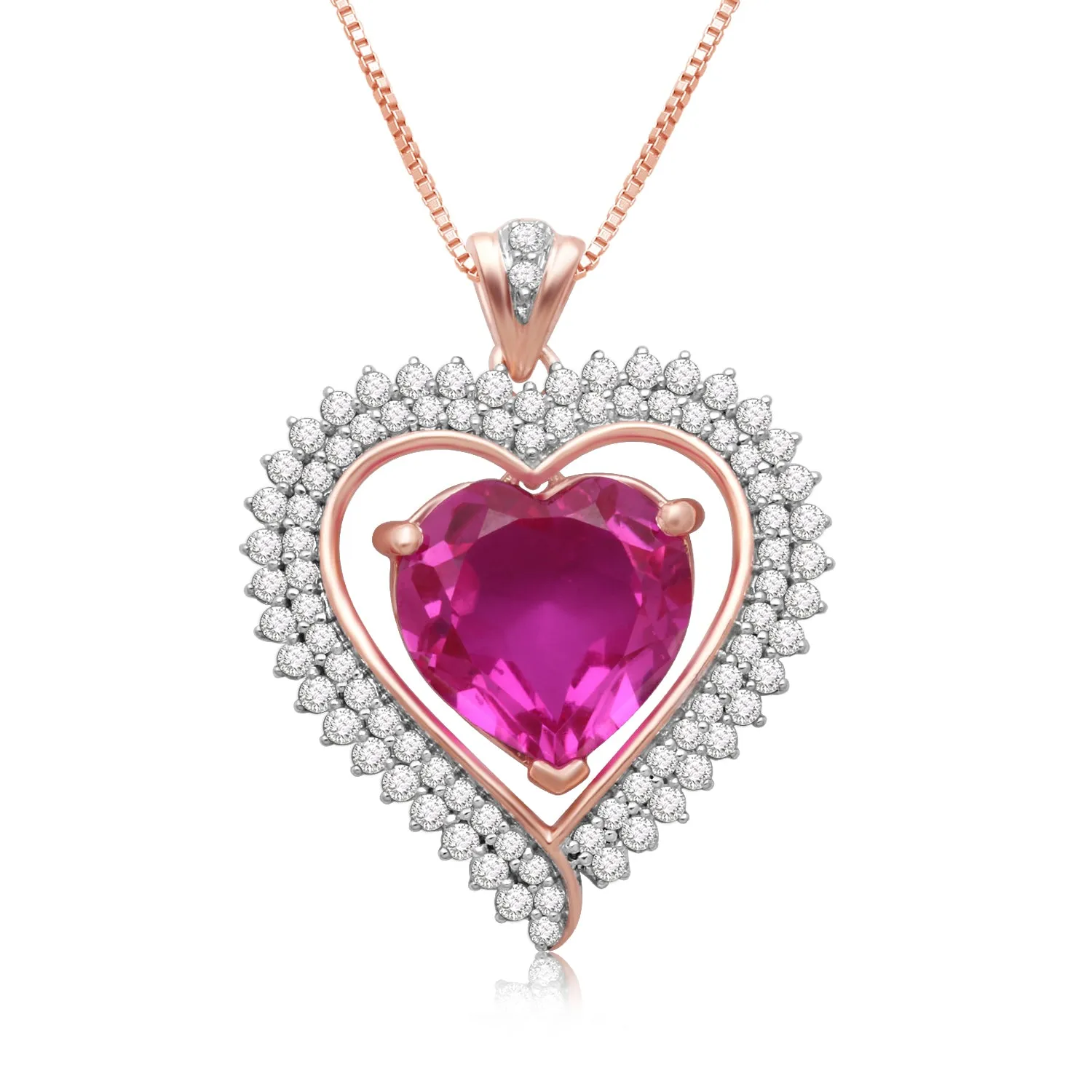 Jewelili 14K Rose Gold over Sterling Silver With Heart Shape Created Pink Sapphire with Created White Sapphire Heart Pendant Necklace