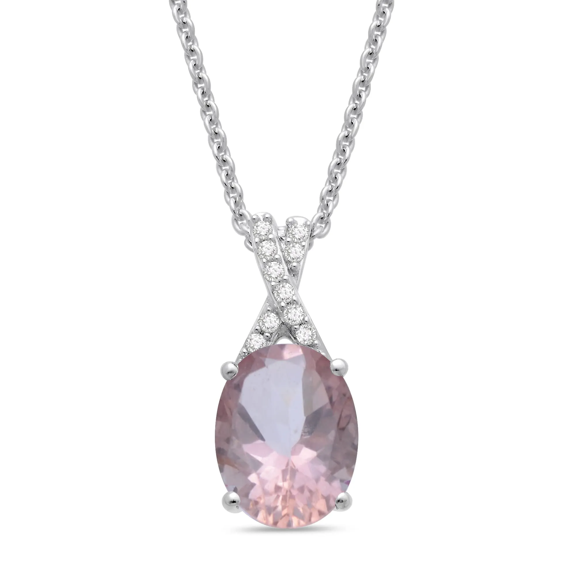 Jewelili Sterling Silver Oval Cut Morganite and Round Created White Sapphire Pendant Necklace