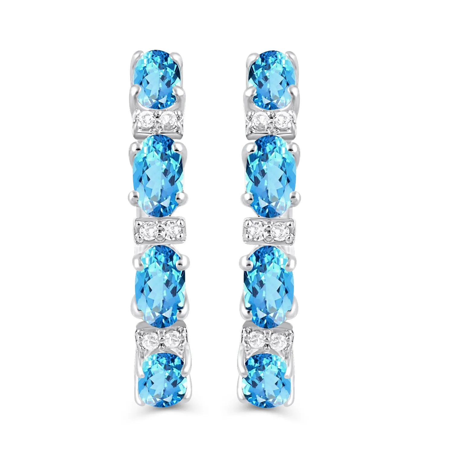 Jewelili Sterling Silver with Oval Cut Swiss Blue Topaz and Round Created White Sapphire Hoop Earrings