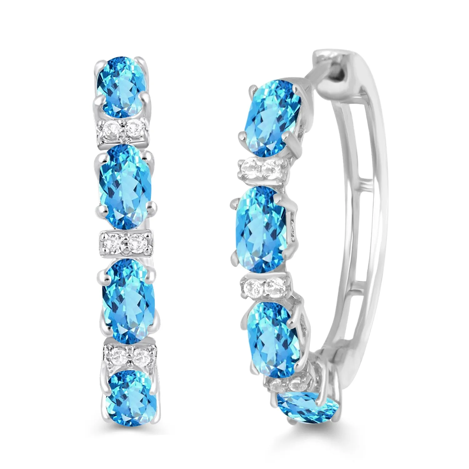 Jewelili Sterling Silver with Oval Cut Swiss Blue Topaz and Round Created White Sapphire Hoop Earrings