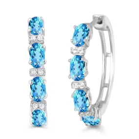 Jewelili Sterling Silver with Oval Cut Swiss Blue Topaz and Round Created White Sapphire Hoop Earrings