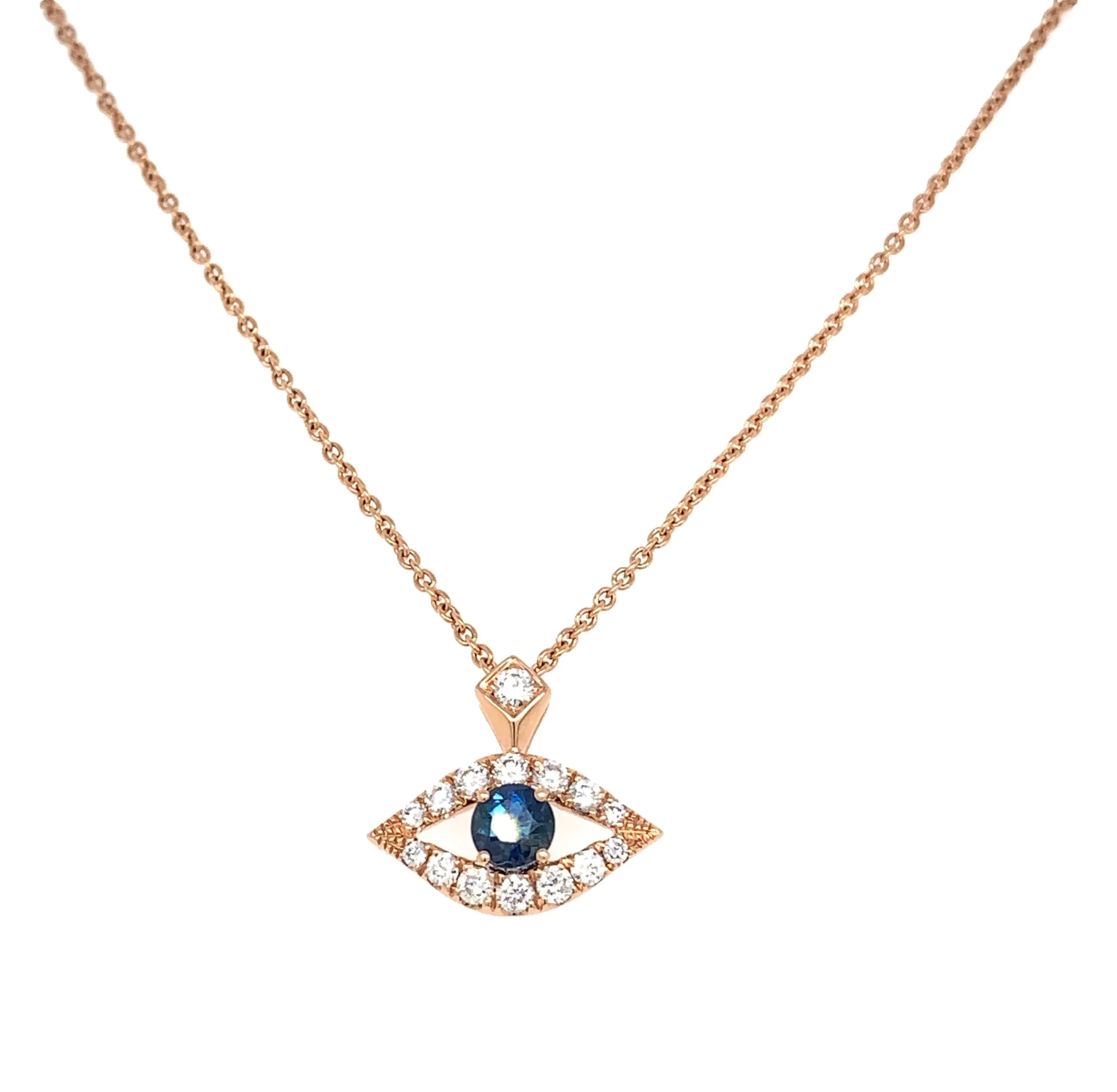 Ladies Diamond Evil Eye Necklace with Blue Sapphire