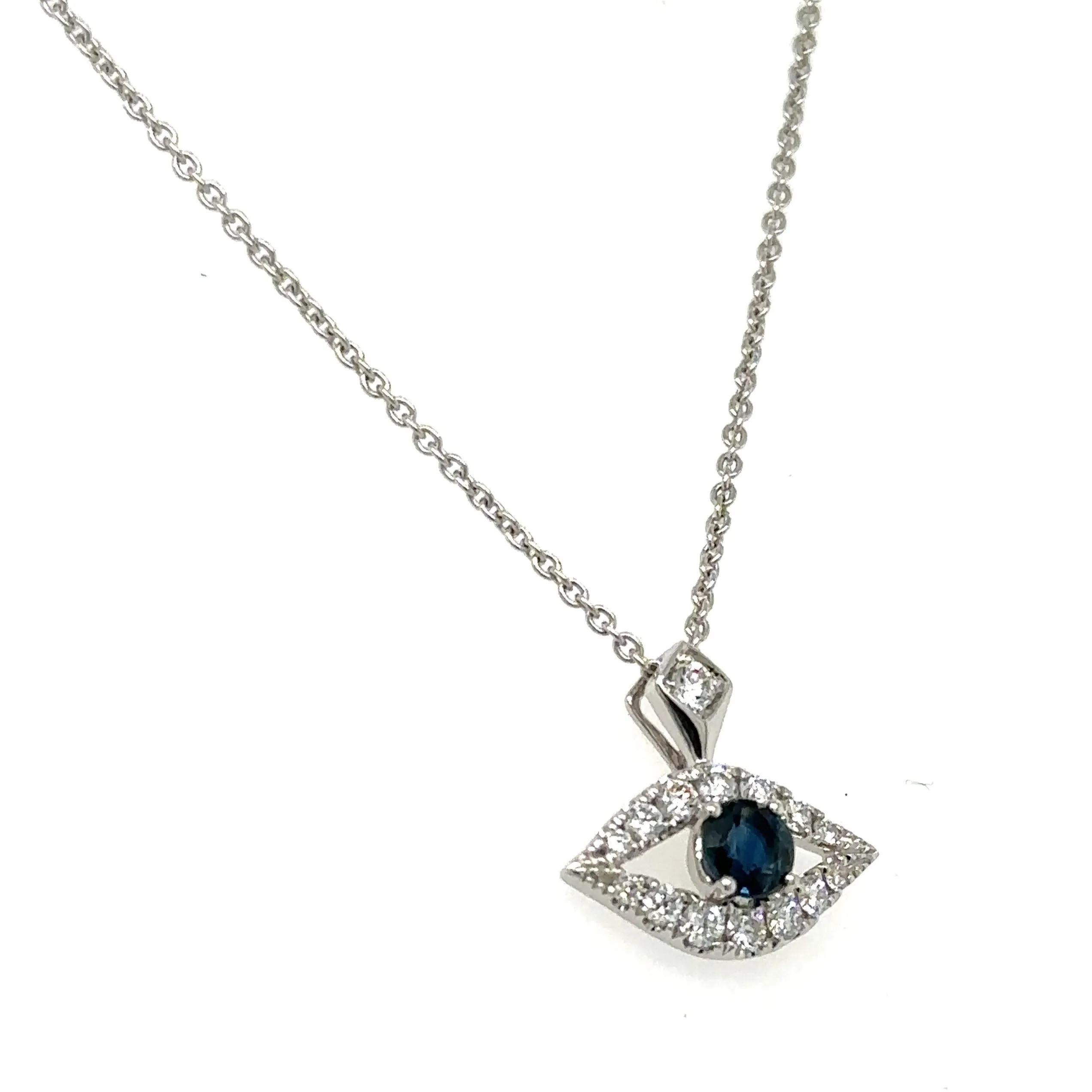 Ladies Diamond Evil Eye Necklace with Blue Sapphire