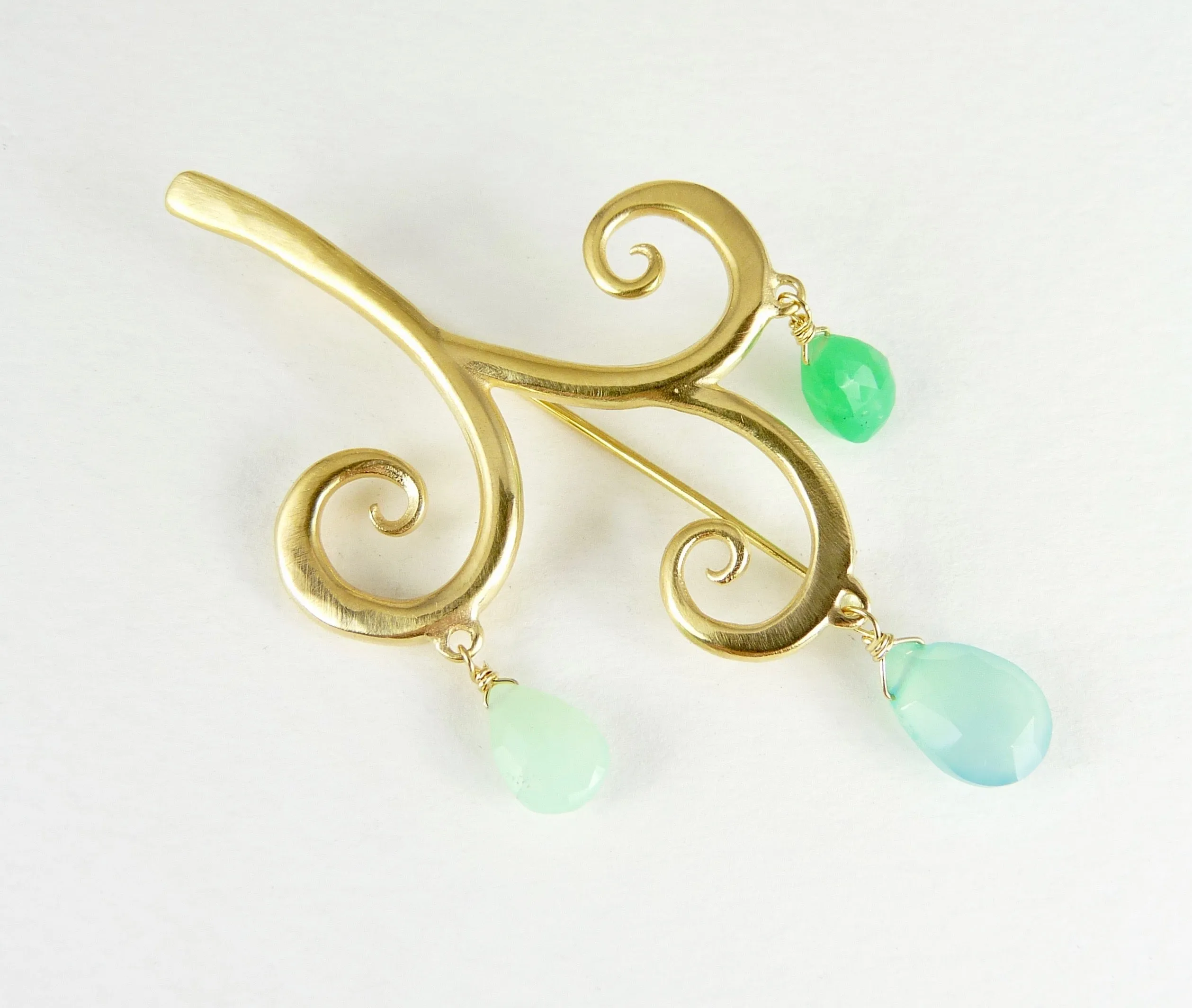 Large Curl Brooch With Chrysoprase Drops