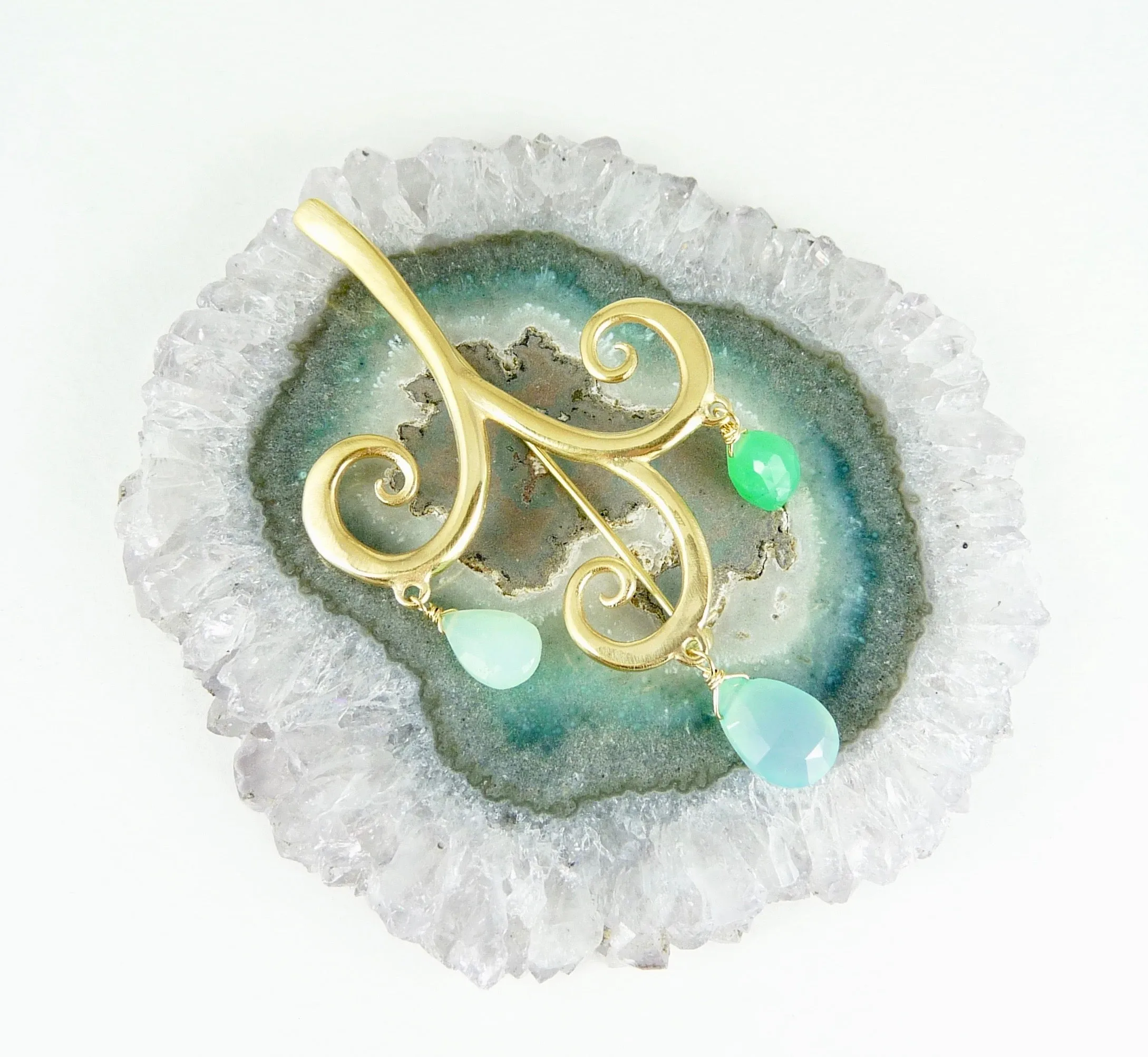 Large Curl Brooch With Chrysoprase Drops