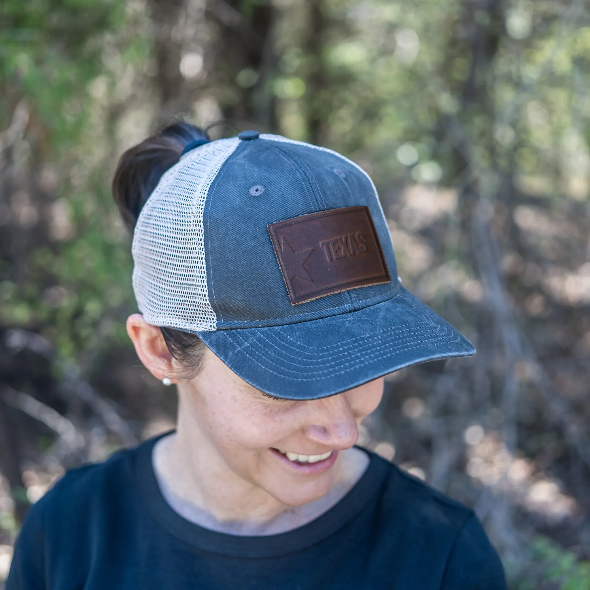 Leather Patch Ponytail Style Hat - Texas License Plate Stamp